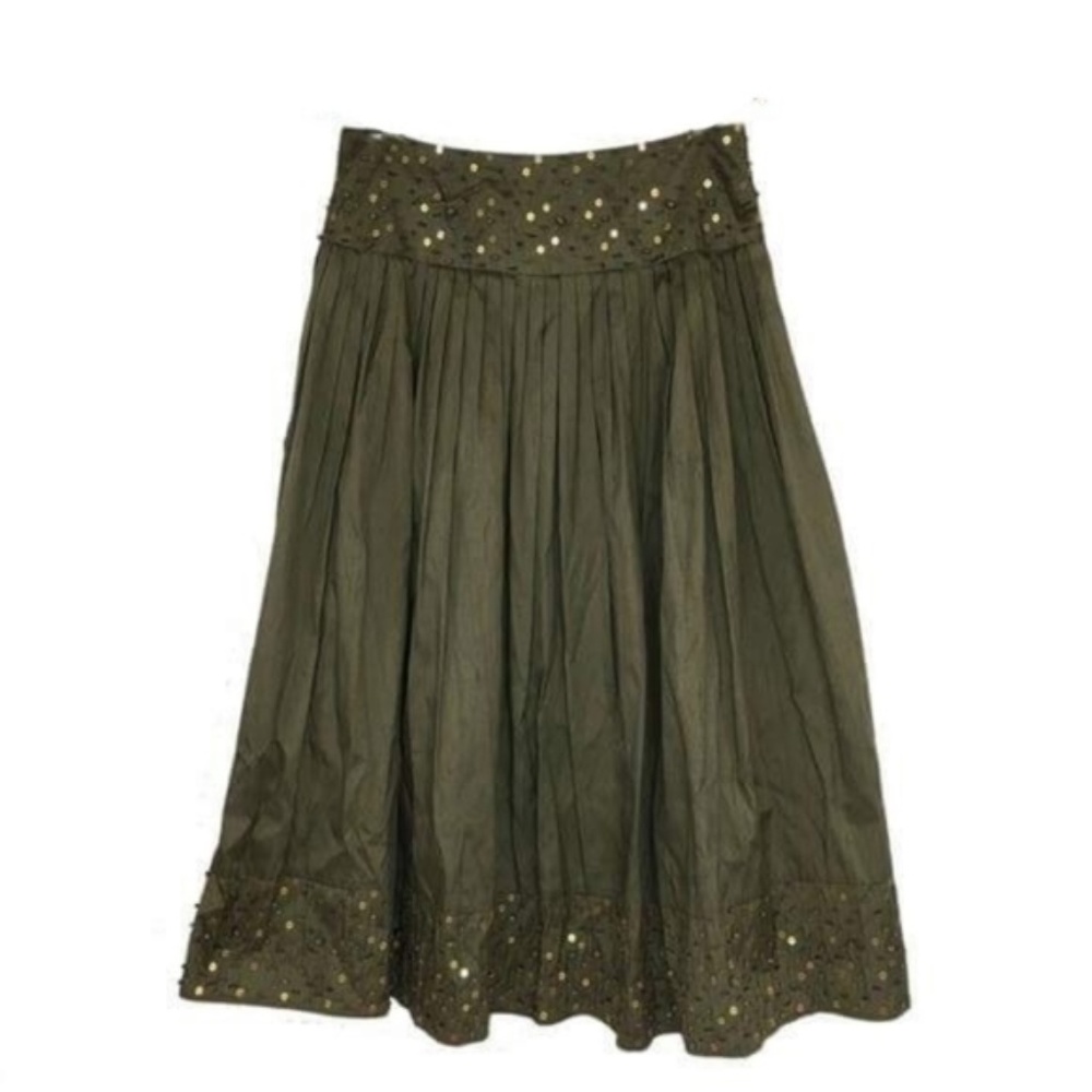 INC army green pleated embellished maxi skirt